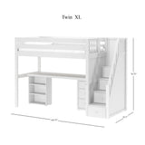 STAR19 XL WP : Storage & Study Loft Beds Twin XL High Loft w/staircase, long desk, 22.5" low bookcase, 3 drawer nightstand, Panel, White