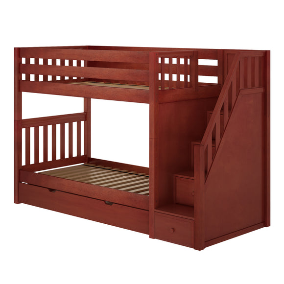 STELLAR TD CS : Classic Bunk Beds Twin Medium Bunk Bed with Stairs and Trundle Drawer, Slat, Chestnut