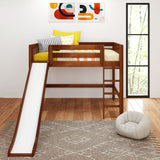 SUGAR CS : Play Loft Beds Full Mid Loft Bed with Slide and Straight Ladder on Front, Slat, Chestnut