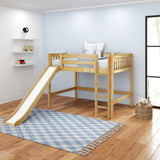 SUGAR NS : Play Loft Beds Full Mid Loft Bed with Slide and Straight Ladder on Front, Slat, Natural