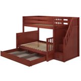 SUMO TD CP : Bunk Beds Medium Twin over Full Bunk Bed with Stairs and Trundle Drawer, Panel, Chestnut