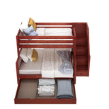 SUMO TD CS : Bunk Beds Medium Twin over Full Bunk Bed with Stairs and Trundle Drawer, Slat, Chestnut