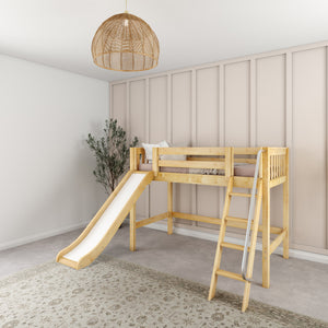 AWESOME NP : Play Loft Beds Twin Mid Loft Bed with Slide and Straight Ladder on Front, Panel, Natural