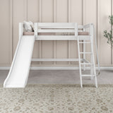 SWEET WS : Play Loft Beds Twin Mid Loft Bed with Slide and Angled Ladder on Front, Slat, White