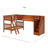 TERTIARY CS : Multiple Bunk Beds Twin Medium Corner Loft Bunk Bed with Ladder + Stairs - R, Slat, Chestnut