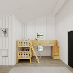 TERTIARY NS : Multiple Bunk Beds Twin Medium Corner Loft Bunk Bed with Ladder + Stairs - R, Slat, Natural