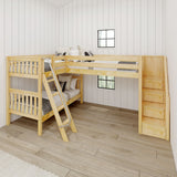 TERTIARY NS : Multiple Bunk Beds Twin Medium Corner Loft Bunk Bed with Ladder + Stairs - R, Slat, Natural