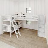 TERTIARY XL WS : Multiple Bunk Beds Twin XL Medium Corner Loft Bunk Bed with Angled Ladder and Stairs on Right, Slat, White