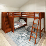 TREBLE CP : Multiple Bunk Beds Full High Corner Loft Bunk Bed with Angled Ladder and Stairs on Left, Panel, Chestnut
