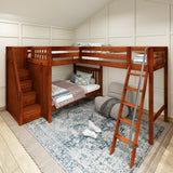 TREBLE CS : Corner Loft Bunk Full High Corner Loft Bunk Bed with Angled Ladder and Stairs on Left, Slat, Chestnut