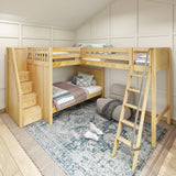 TREBLE NP : Multiple Bunk Beds Full High Corner Loft Bunk Bed with Angled Ladder and Stairs on Left, Panel, Natural