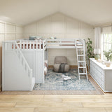 TREBLE WP : Multiple Bunk Beds Full High Corner Loft Bunk Bed with Angled Ladder and Stairs on Left, Panel, White