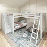 TREBLE WS : Corner Loft Bunk Full High Corner Loft Bunk Bed with Angled Ladder and Stairs on Left, Slat, White
