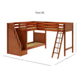 TREY XL CP : Multiple Bunk Beds Twin XL High Corner Loft Bunk with Angled Ladder and Stairs on Left, Panel, Chestnut