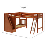 TREY XL CS : Corner Loft Bunk Twin XL High Corner Loft Bunk with Stairs + Angled Ladder on Right Front, Chestnut Slats