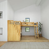 TREY XL NP : Multiple Bunk Beds Twin XL High Corner Loft Bunk with Angled Ladder and Stairs on Left, Panel, Natural