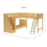 TREY XL NP : Multiple Bunk Beds Twin XL High Corner Loft Bunk with Angled Ladder and Stairs on Left, Panel, Natural