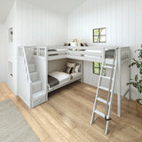 TREY XL WS : Corner Loft Bunk Twin XL High Corner Loft Bunk with Stairs + Angled Ladder on Right Front, Classic White Slats