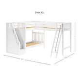 TREY XL WS : Corner Loft Bunk Twin XL High Corner Loft Bunk with Stairs + Angled Ladder on Right Front, Classic White Slats