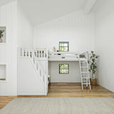TREY XL WS : Corner Loft Bunk Twin XL High Corner Loft Bunk with Stairs + Angled Ladder on Right Front, Classic White Slats