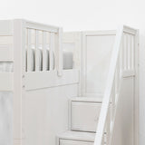 TREY XL WS : Corner Loft Bunk Twin XL High Corner Loft Bunk with Stairs + Angled Ladder on Right Front, Classic White Slats
