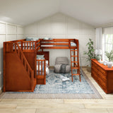 TRIATHLON CP : Multiple Bunk Beds High Twin over Full Corner Loft Bunk Bed with Ladder + Stairs, Panel, Chestnut