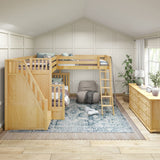 TRIATHLON NS : Multiple Bunk Beds High Twin over Full Corner Loft Bunk Bed with Ladder + Stairs, Slat, Natural