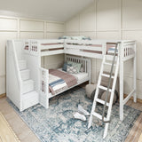 TRIATHLON WS : Multiple Bunk Beds High Twin over Full Corner Loft Bunk Bed with Ladder + Stairs, Slat, White