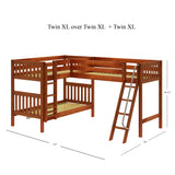 TRIFID XL CS : Multiple Bunk Beds Twin XL over Twin XL + Twin XL Corner Loft Bunk with Angled and Straight Ladder on Front, Panel, Chestnut