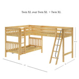 TRIFID XL NS : Multiple Bunk Beds Twin XL over Twin XL + Twin XL Corner Loft Bunk with Angled and Straight Ladder on Front, Panel, Natural