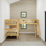 TRIFID XL NS : Multiple Bunk Beds Twin XL over Twin XL + Twin XL Corner Loft Bunk with Angled and Straight Ladder on Front, Panel, Natural