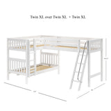 TRIFID XL WS : Multiple Bunk Beds Twin XL over Twin XL + Twin XL Corner Loft Bunk with Angled and Straight Ladder on Front, Curve, White