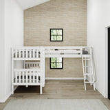 TRIFID XL WS : Multiple Bunk Beds Twin XL over Twin XL + Twin XL Corner Loft Bunk with Angled and Straight Ladder on Front, Curve, White