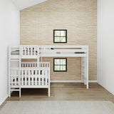 TRILATERAL 1 WS : Corner Loft Beds Twin over Full + Twin High Corner Loft Bunk with Staight Ladders on Ends, Slat, White