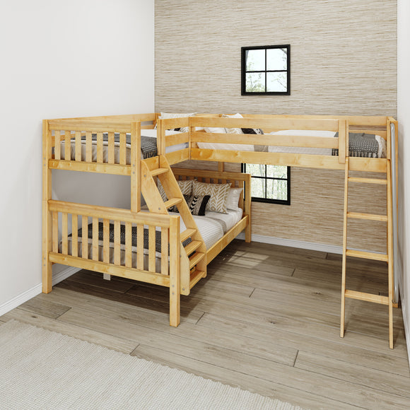 TRINITY XL NS : Multiple Bunk Beds Medium Twin XL over Full XL Corner Loft Bunk Bed, Natural