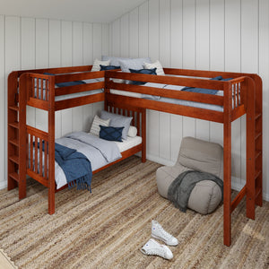 TRIO XL 1 CS : Multiple Bunk Beds Twin XL High Corner Loft Bunk Bed with Ladders on Ends, Slat, Chestnut