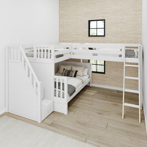 TRIUNITY XL CS : Corner Loft Bunk Twin XL over Full XL + Twin XL Medium Corner Loft Bunk with Angled Ladder and Stairs on Left, Slat, Chestnut