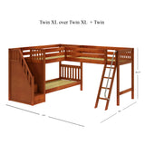 TRIVIUM XL CS : Multiple Bunk Beds Twin XL Medium Corner Loft Bunk Bed with Angled Ladder and Stairs on Left, Slat, Chestnut