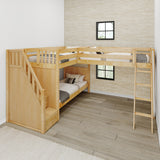 TRIVIUM XL NP : Corner Loft Bunk Twin XL Mid Corner Loft Bunk with Stairs + Angled Ladder on Right Front, Natural Birch Panel