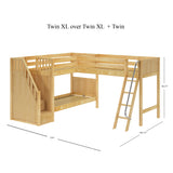 TRIVIUM XL NP : Corner Loft Bunk Twin XL Mid Corner Loft Bunk with Stairs + Angled Ladder on Right Front, Natural Birch Panel