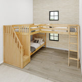TRIVIUM XL NS : Corner Loft Bunk Twin XL Mid Corner Loft Bunk with Stairs + Angled Ladder on Right Front, Natural Birch Slats