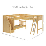TRIVIUM XL NS : Corner Loft Bunk Twin XL Mid Corner Loft Bunk with Stairs + Angled Ladder on Right Front, Natural Birch Slats