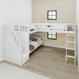 TRIVIUM XL WS : Corner Loft Bunk Twin XL Mid Corner Loft Bunk with Stairs + Angled Ladder on Right Front, Classic White Slats