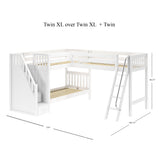 TRIVIUM XL WS : Corner Loft Bunk Twin XL Mid Corner Loft Bunk with Stairs + Angled Ladder on Right Front, Classic White Slats