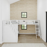 TRIVIUM XL WS : Corner Loft Bunk Twin XL Mid Corner Loft Bunk with Stairs + Angled Ladder on Right Front, Classic White Slats