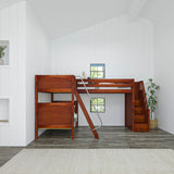 TROIKA CP : Multiple Bunk Beds Twin High Corner Loft Bunk Bed with Ladder + Stairs - R, Panel, Chestnut
