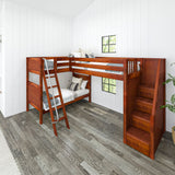 TROIKA CP : Multiple Bunk Beds Twin High Corner Loft Bunk Bed with Ladder + Stairs - R, Panel, Chestnut