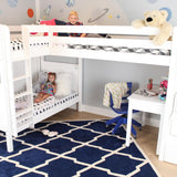TROIKA WP : Multiple Bunk Beds Twin High Corner Loft Bunk Bed with Ladder + Stairs - R, Panel, White