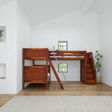 TROIKA XL CP : Multiple Bunk Beds Twin XL High Corner Loft Bunk with Angled Ladder and Stairs on Right, Chestnut, Panel