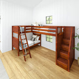 TROIKA XL CP : Multiple Bunk Beds Twin XL High Corner Loft Bunk with Angled Ladder and Stairs on Right, Chestnut, Panel